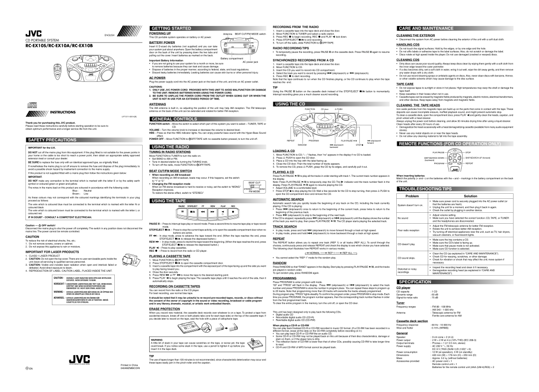 JVC RC-EX10B, RC-EX10S, RC-EX10A dimensions Safety Precautions 