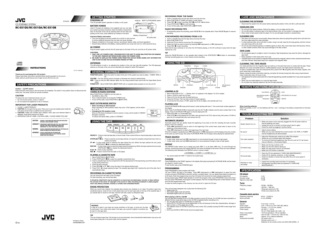 JVC RC-EX10A, RC-EX10S, RC-EX10B dimensions Safety Precautions 