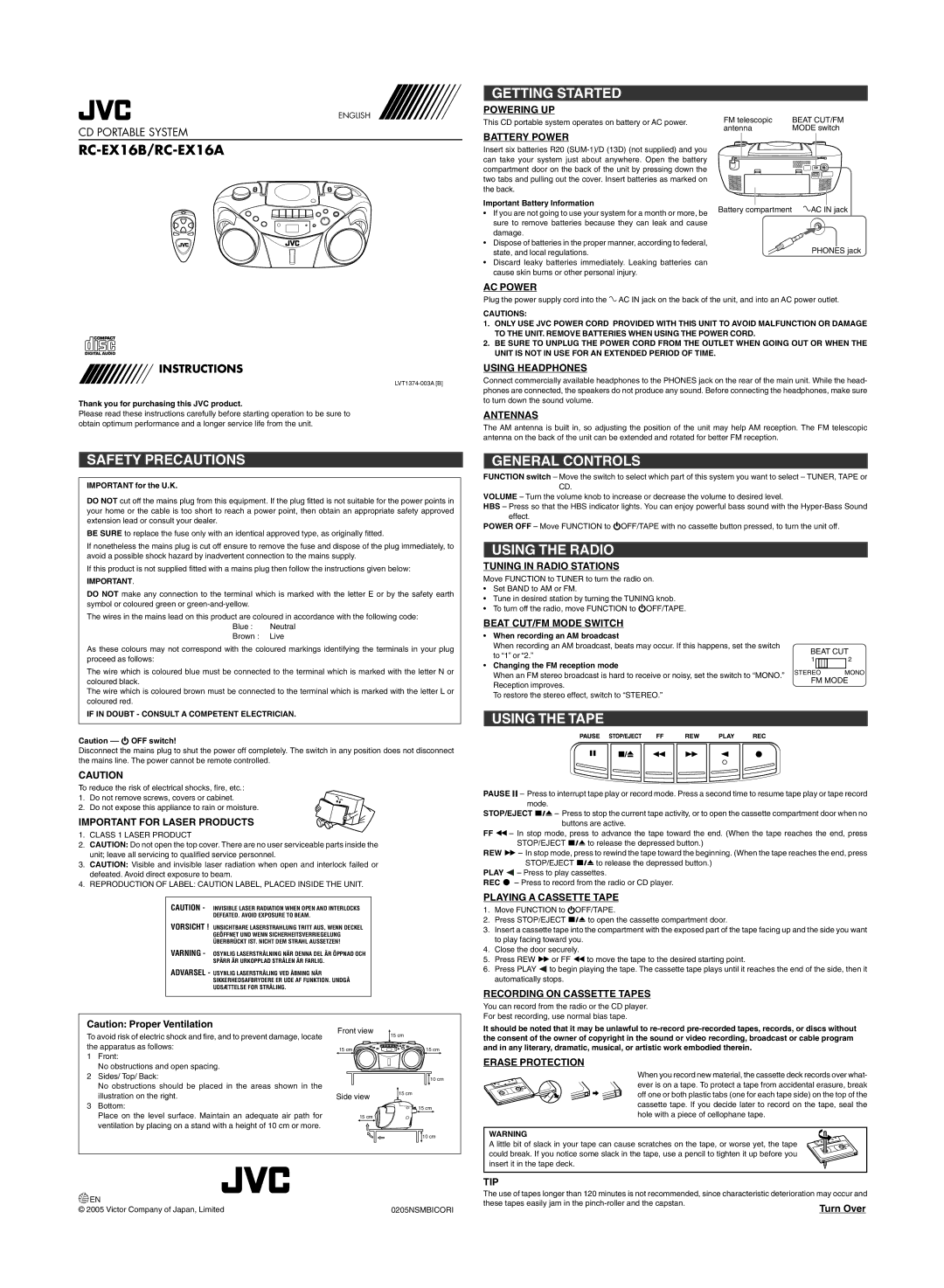 JVC RC-EX16A, RC-EX16B user service Getting Started, Safety Precautions, General Controls, Using the Radio, Using the Tape 