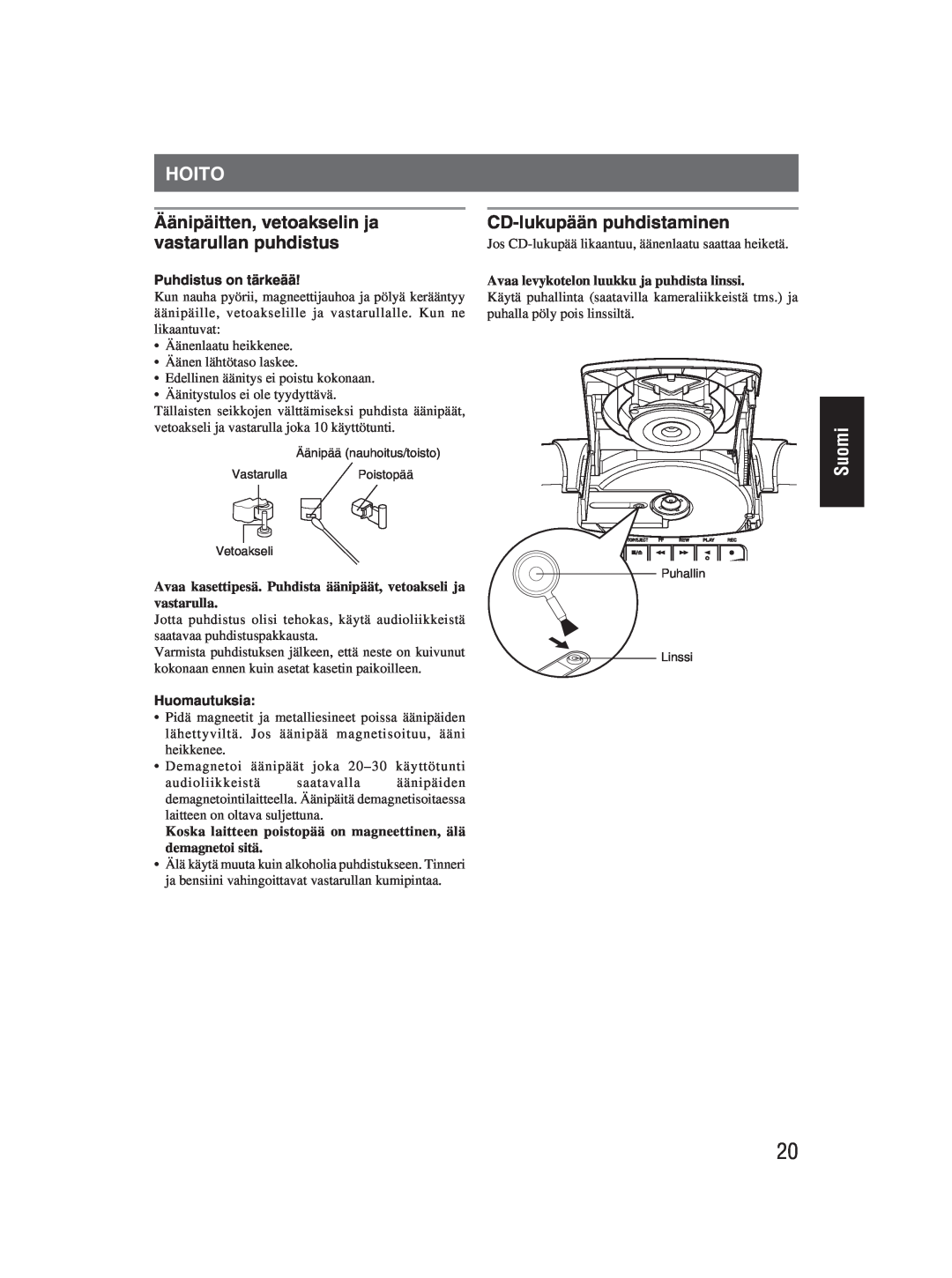 JVC RC-EX25S manual Hoito, Äänipäitten, vetoakselin ja vastarullan puhdistus, CD-lukupään puhdistaminen, Suomi 