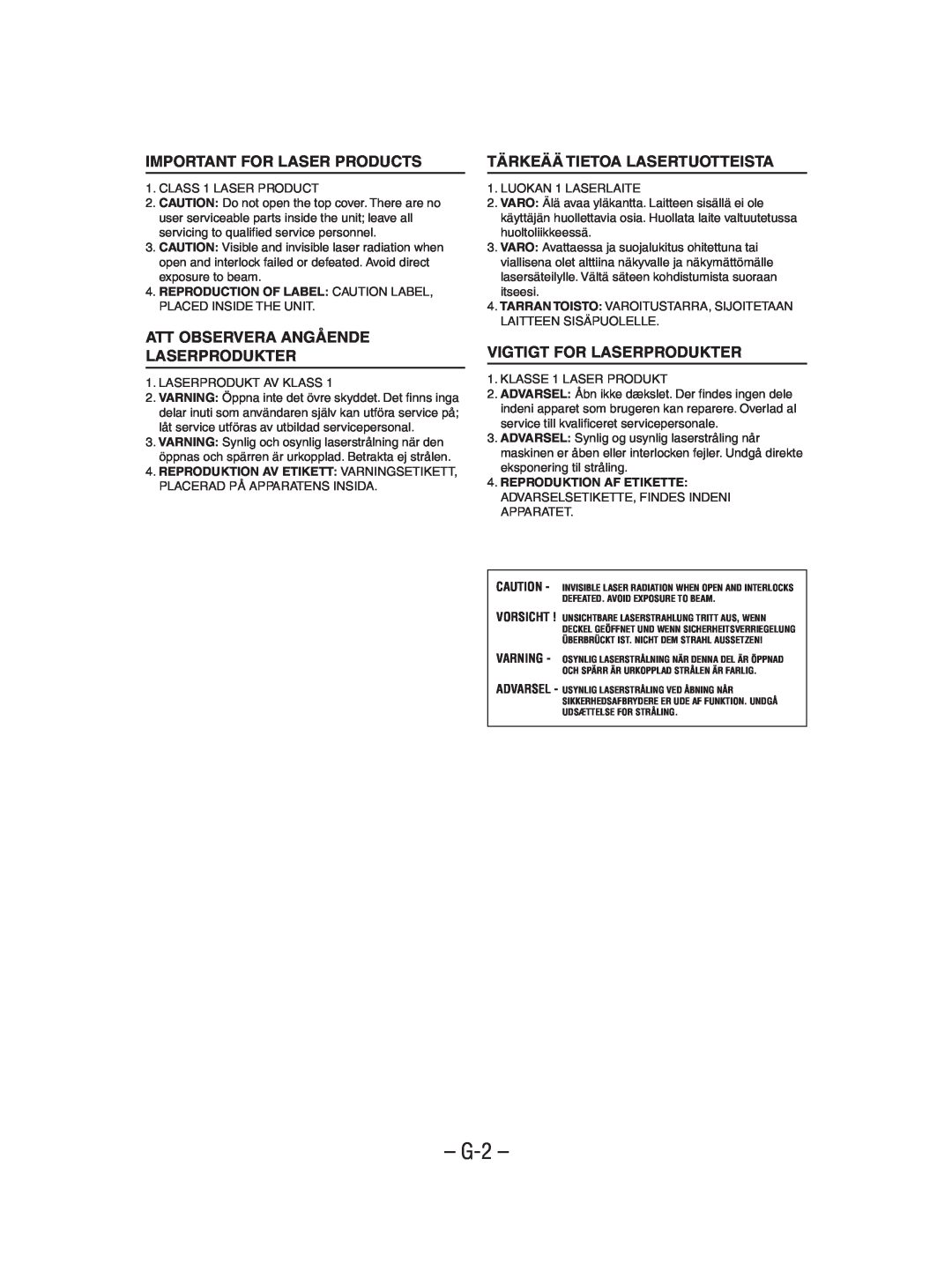 JVC RC-EX25S manual Important For Laser Products, Att Observera Angående Laserprodukter, Tärkeää Tietoa Lasertuotteista 