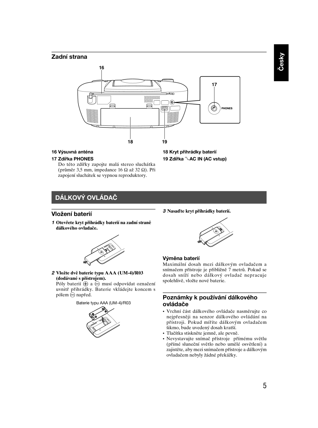 JVC RC-EX30 manual Dálkový Ovládač, Zadní strana, Vložení baterií, Poznámky k používání dálkového ovládače, Výměna baterií 