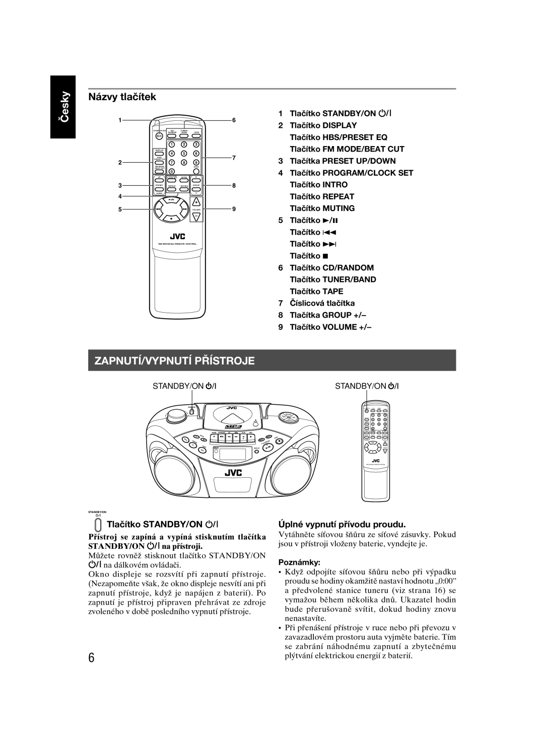 JVC RC-EX30 manual ZAPNUTÍ/VYPNUTÍ Přístroje, Názvy tlačítek, Tlačítko STANDBY/ON, Úplné vypnutí přívodu proudu, Poznámky 