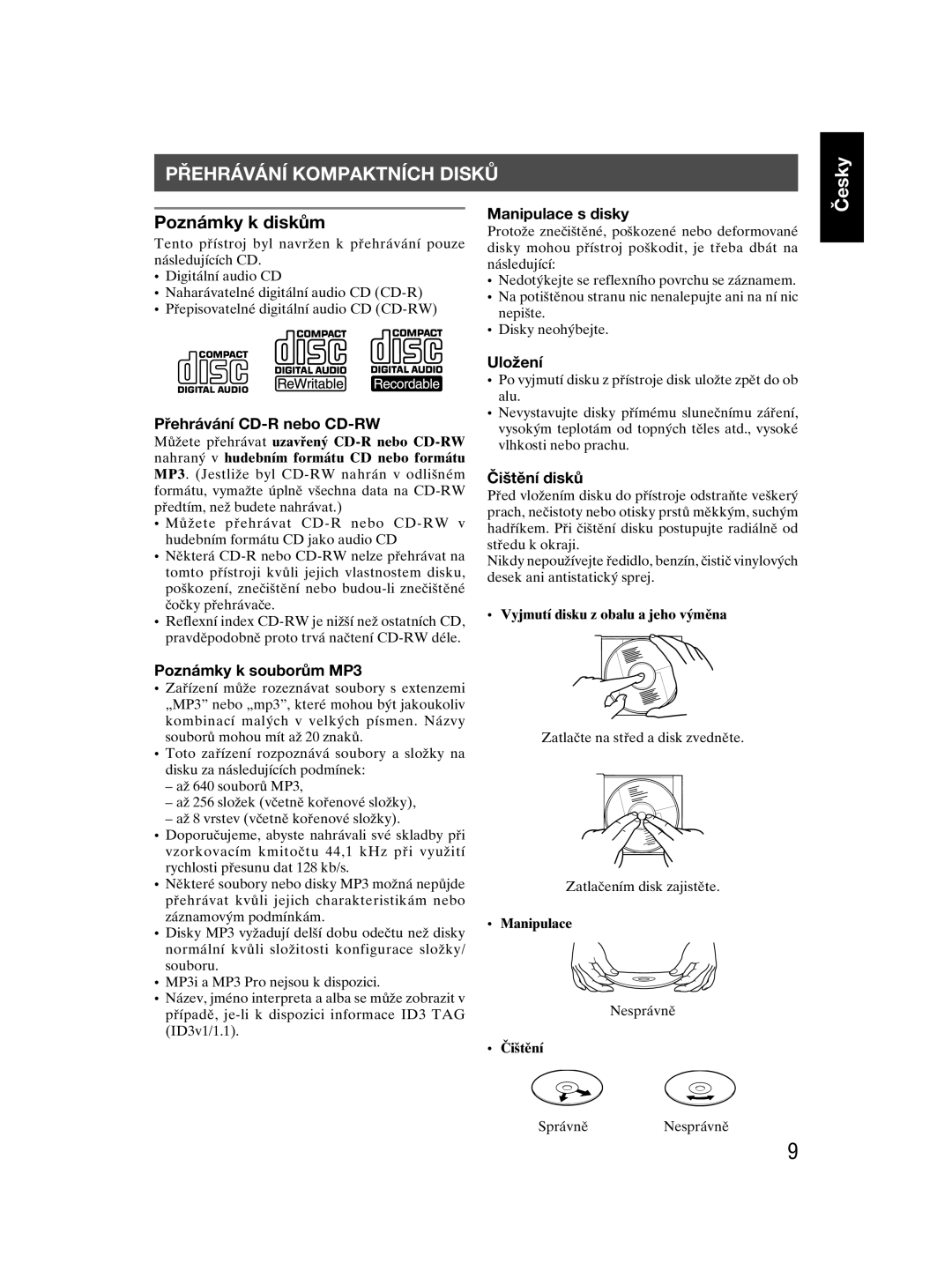 JVC RC-EX30 manual Přehrávání Kompaktních Disků, Poznámky k diskům 