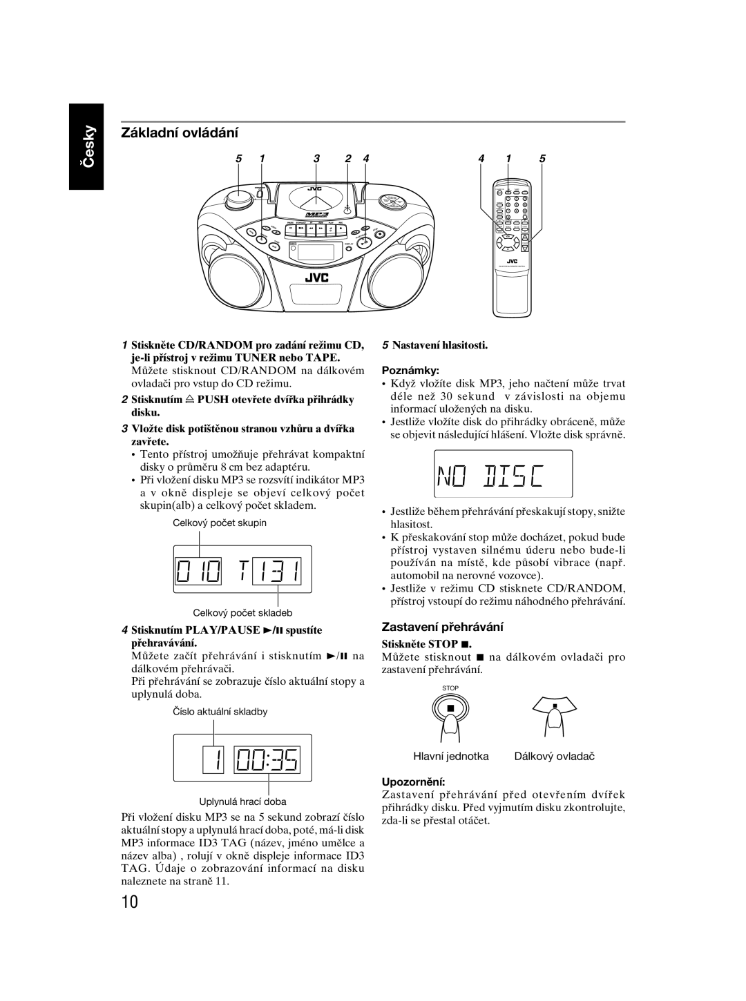 JVC RC-EX30 Základní ovládání, Zastavení přehrávání, Stisknutím PLAY/PAUSE 3/8 spustíte přehravávání, Nastavení hlasitosti 