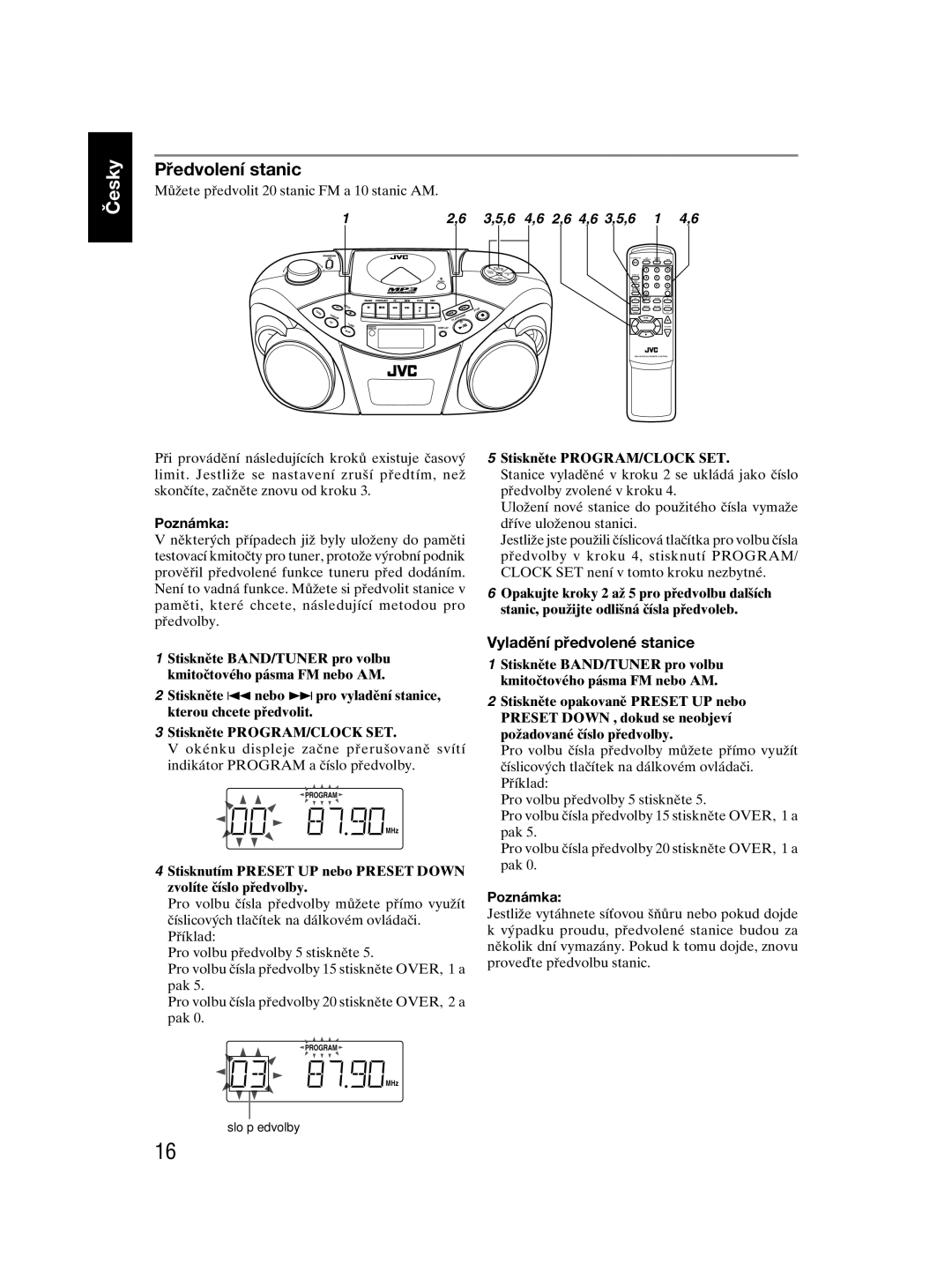 JVC RC-EX30 manual Předvolení stanic, Vyladění předvolené stanice, Poznámka Jestliže vytáhnete sí 