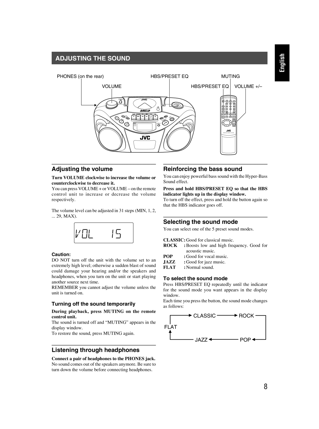 JVC RC-EX30B manual Adjusting the Sound, Adjusting the volume, Listening through headphones, Reinforcing the bass sound 