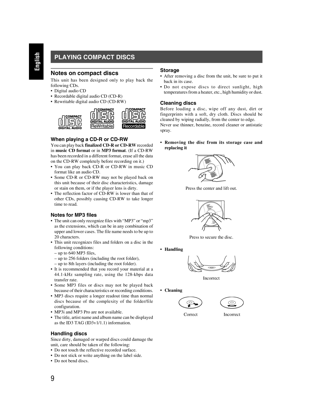 JVC RC-EX30B manual Playing Compact Discs, When playing a CD-R or CD-RW, Handling discs, Storage, Cleaning discs 