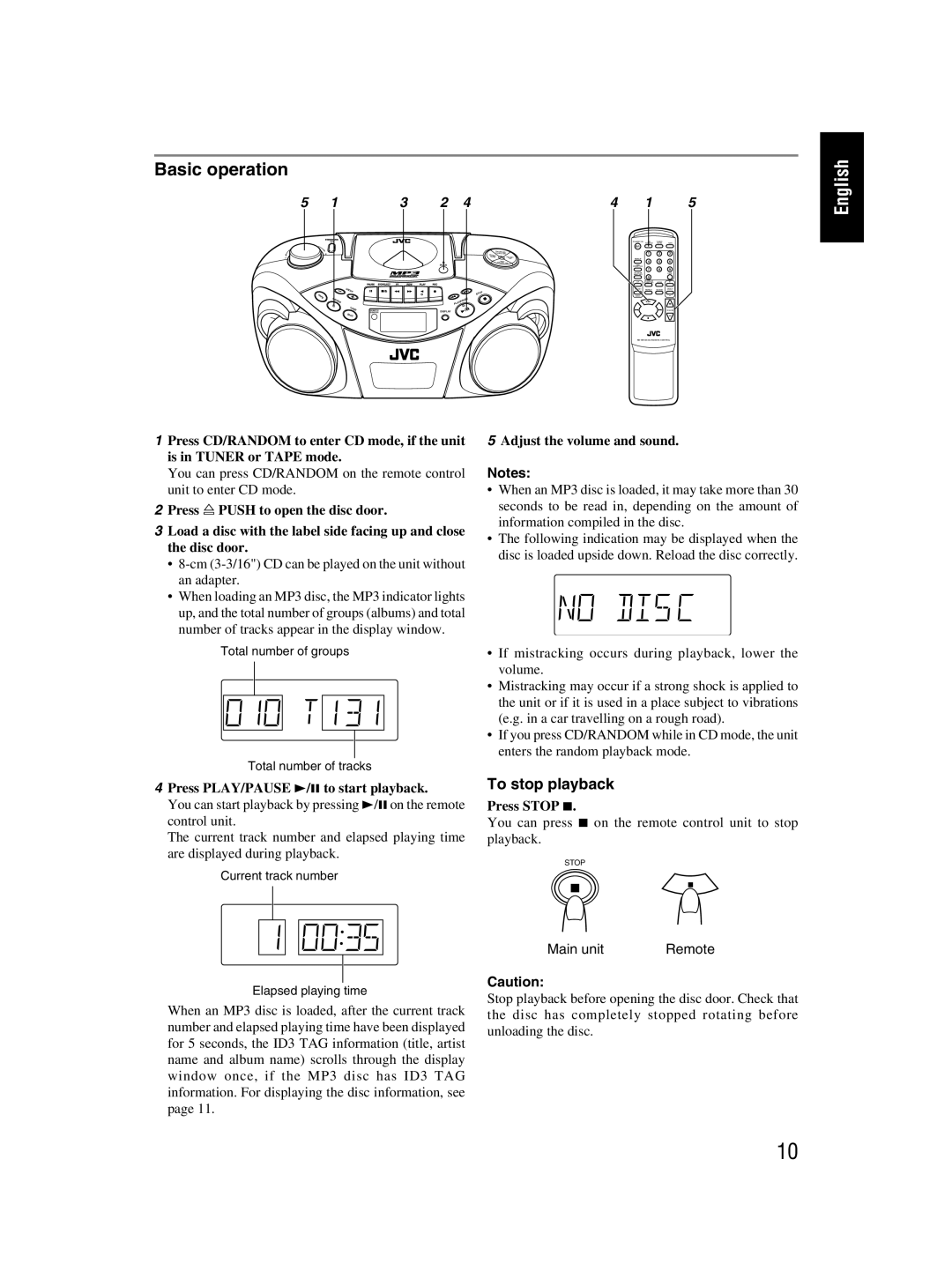 JVC RC-EX30B manual Basic operation, To stop playback, Press PLAY/PAUSE 3/8 to start playback, Adjust the volume and sound 