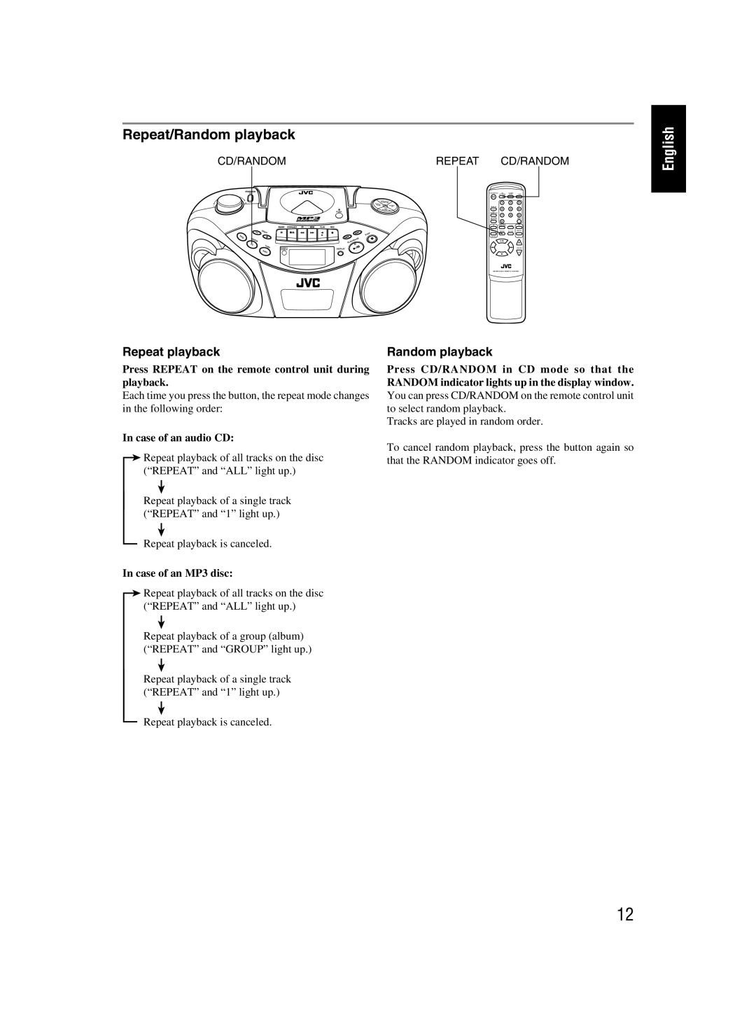 JVC RC-EX30B manual Repeat/Random playback, Repeat playback, Press Repeat on the remote control unit during playback 