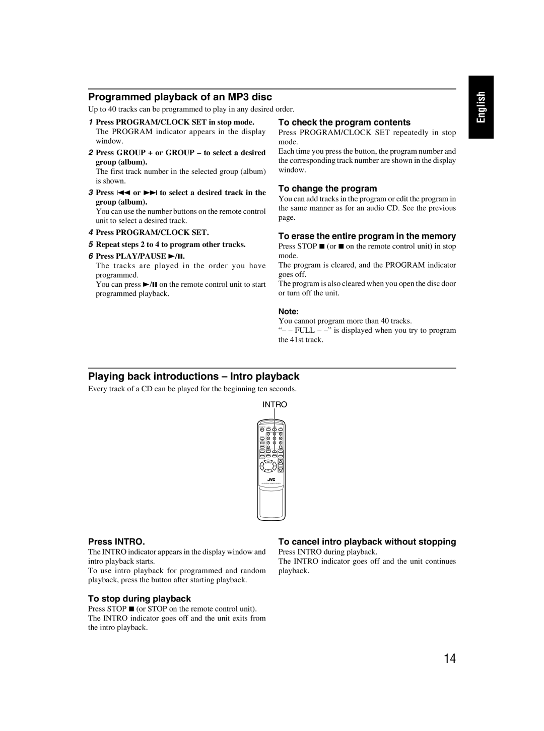 JVC RC-EX30B manual Programmed playback of an MP3 disc, Playing back introductions Intro playback 