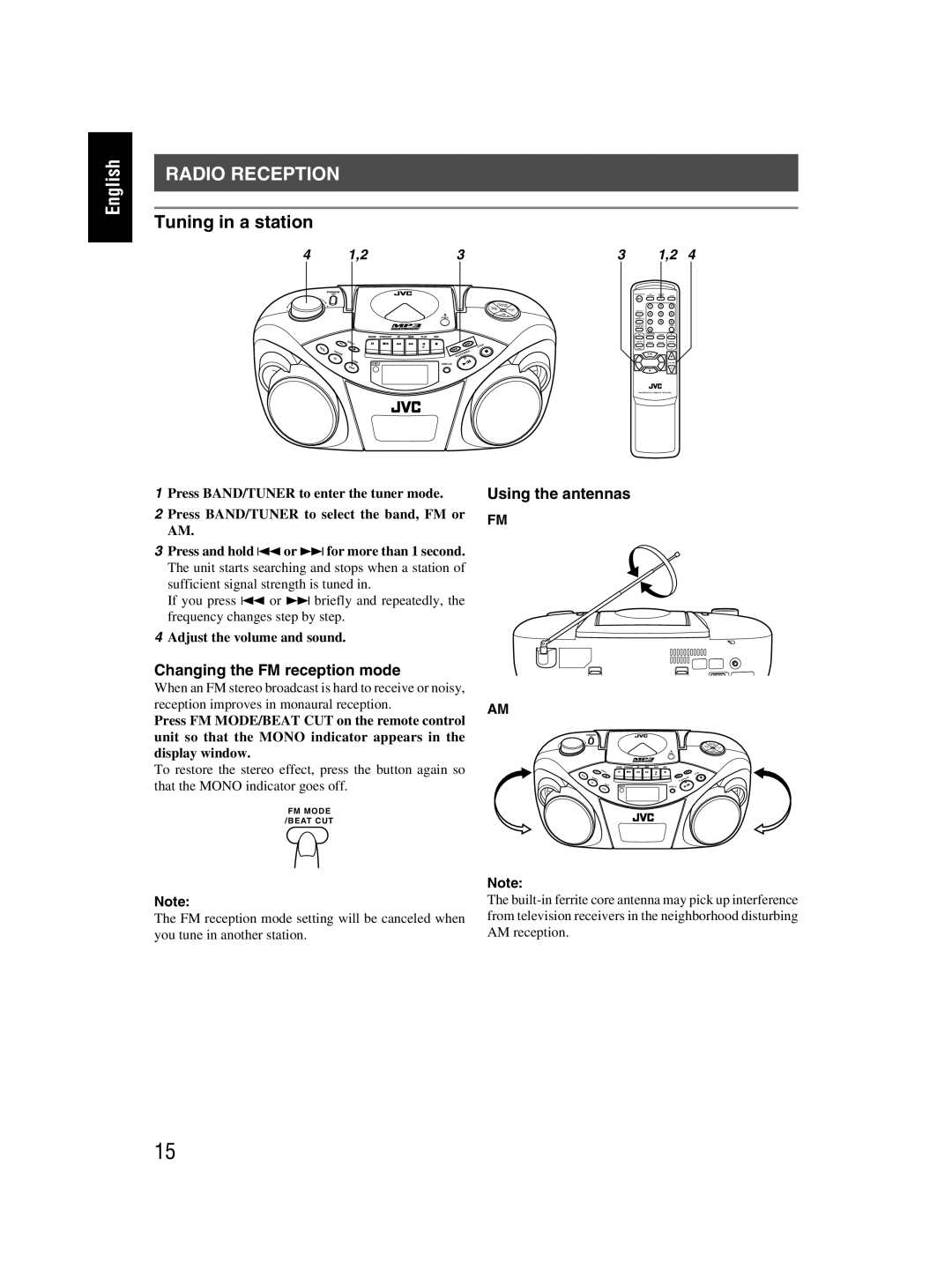 JVC RC-EX30B manual Changing the FM reception mode, Using the antennas 