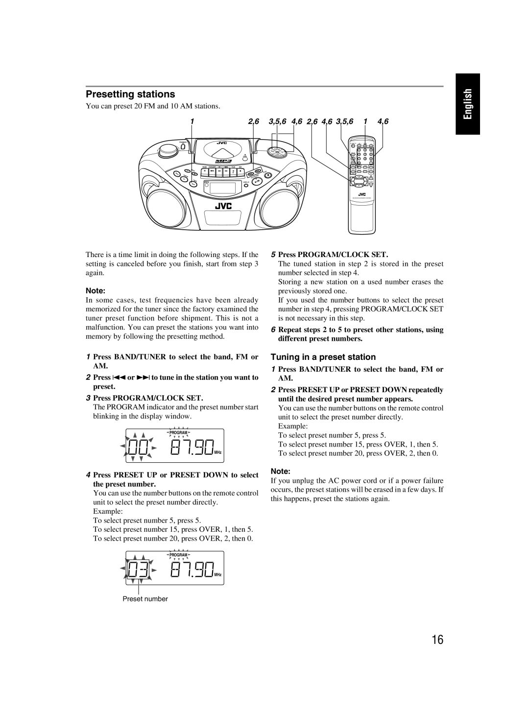 JVC RC-EX30B Presetting stations, Tuning in a preset station, Press Preset UP or Preset Down to select the preset number 