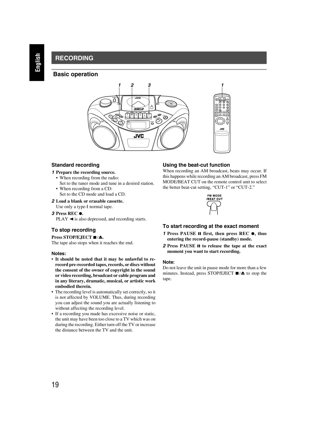 JVC RC-EX30B manual Recording, Standard recording, To stop recording, Using the beat-cut function 