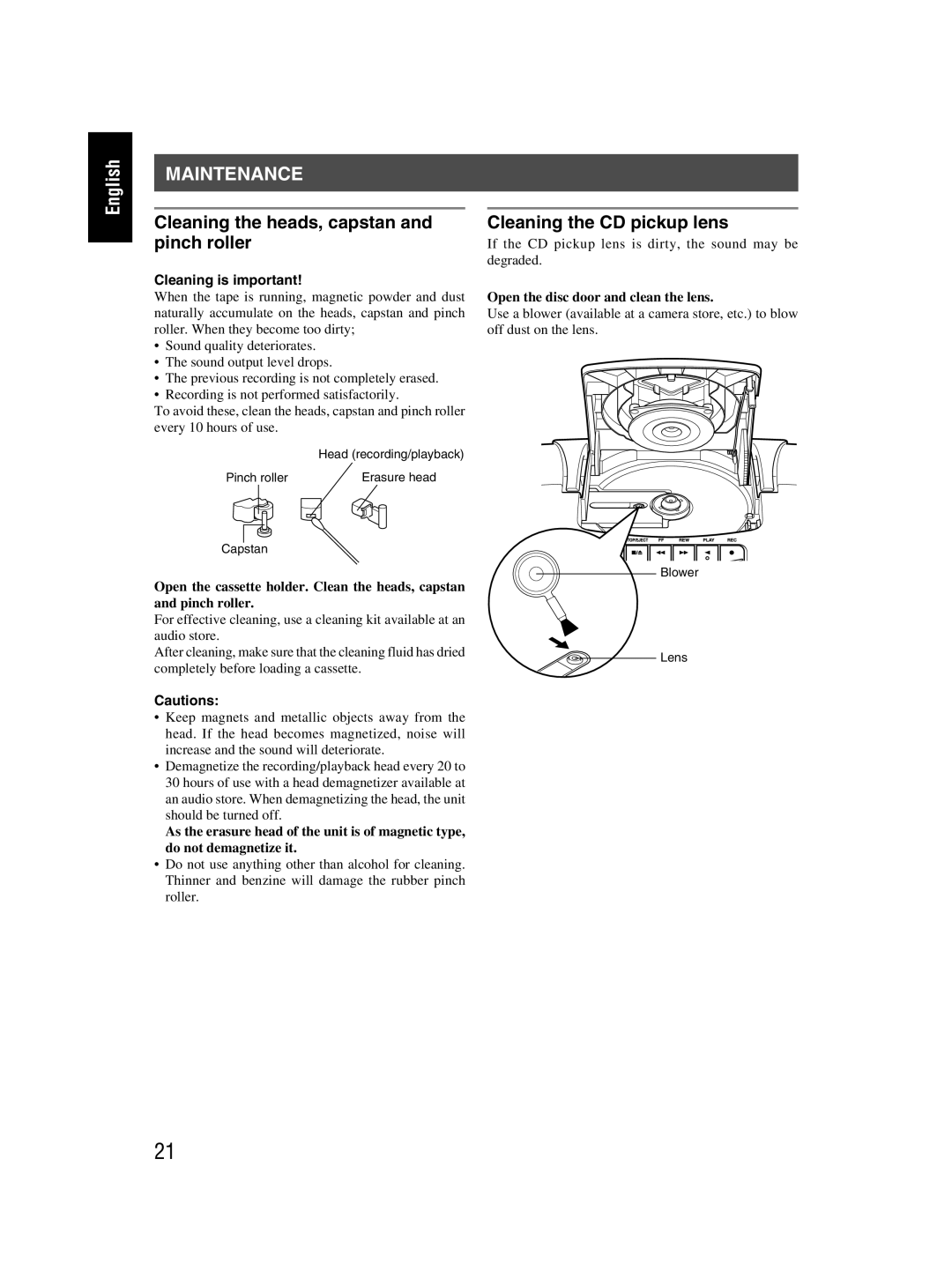 JVC RC-EX30B manual Maintenance, Cleaning the heads, capstan and pinch roller, Cleaning the CD pickup lens 