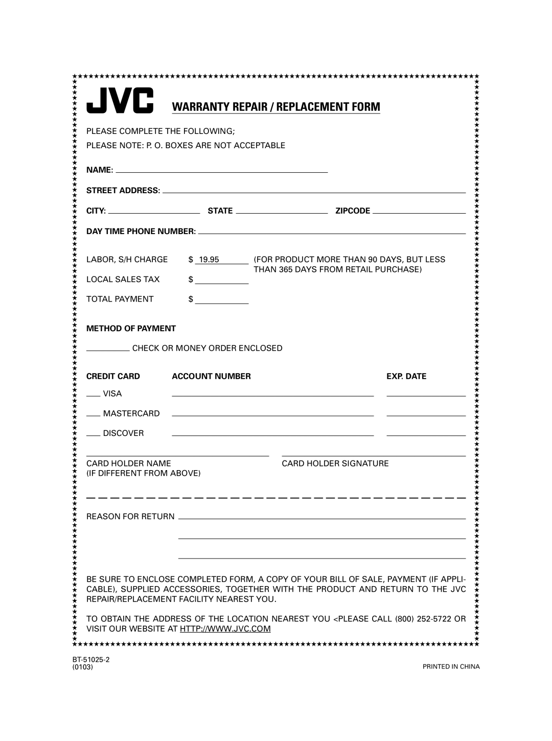 JVC RC-EX30B manual Warranty Repair / Replacement Form 