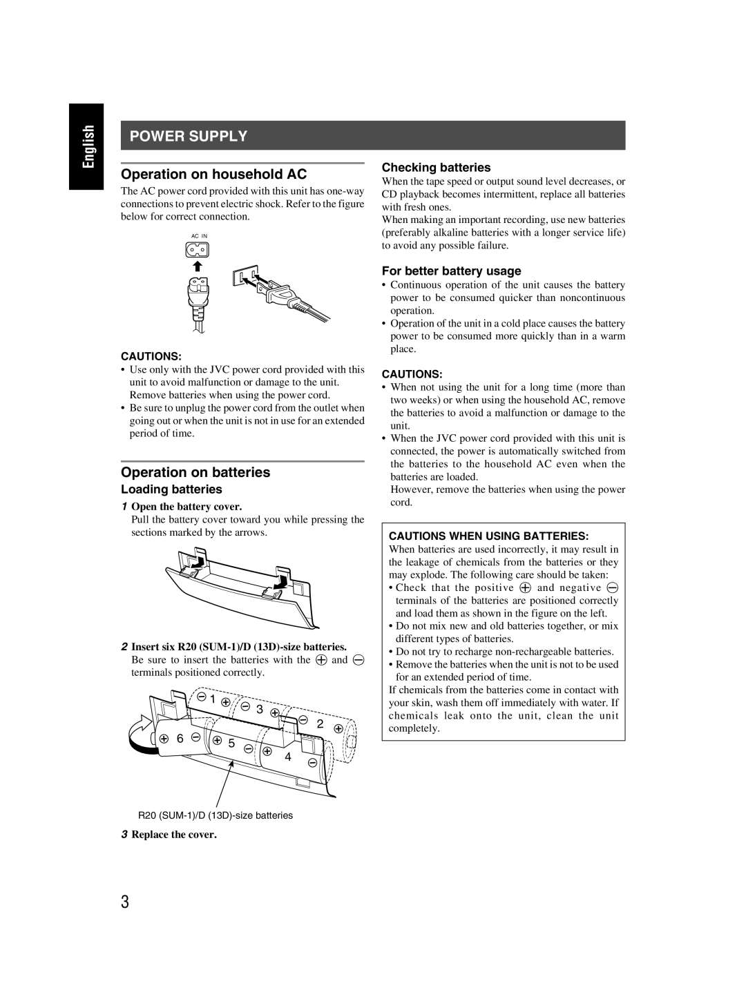 JVC RC-EX30B manual Power Supply 