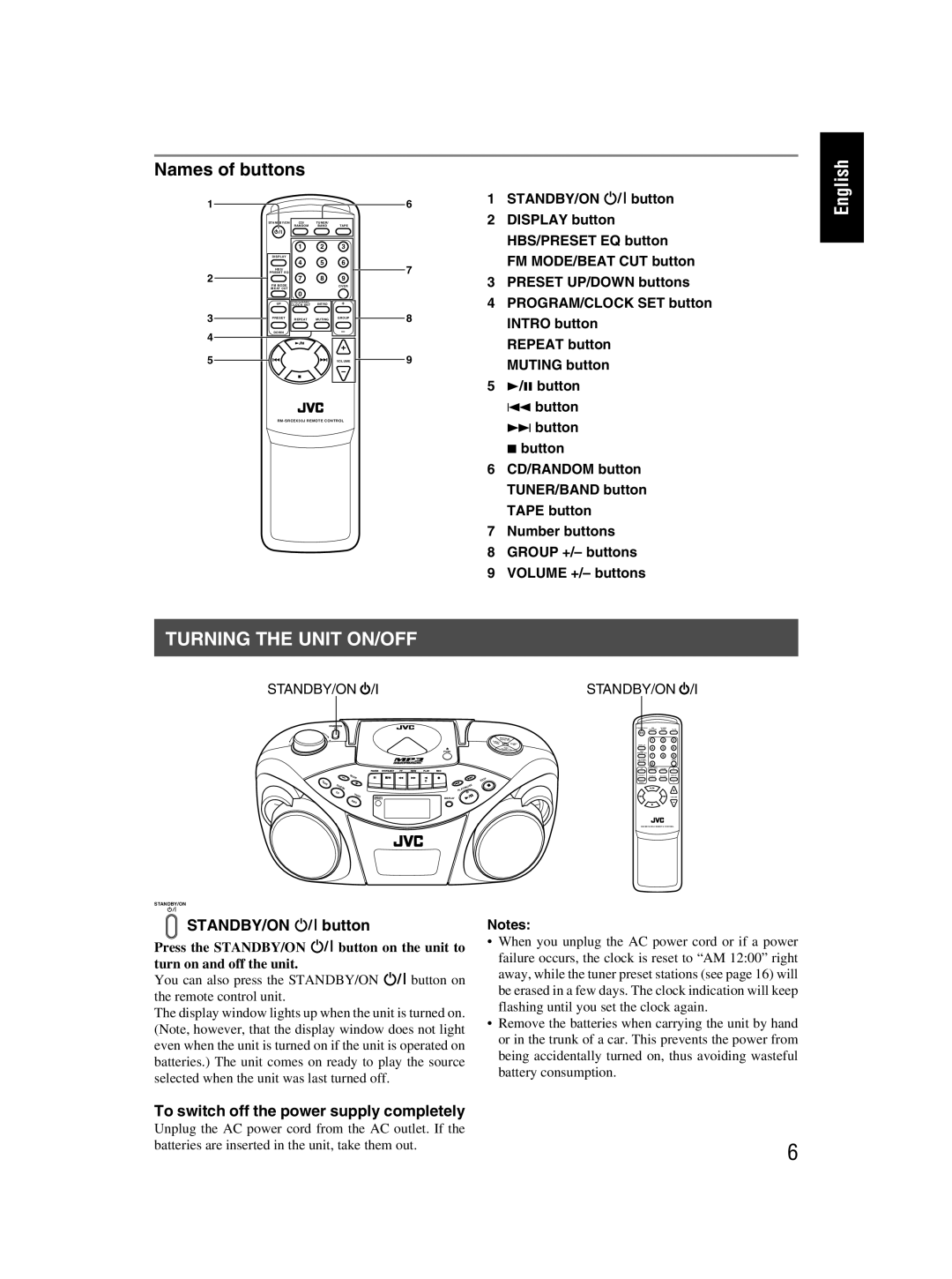 JVC RC-EX30B manual Turning the Unit ON/OFF 