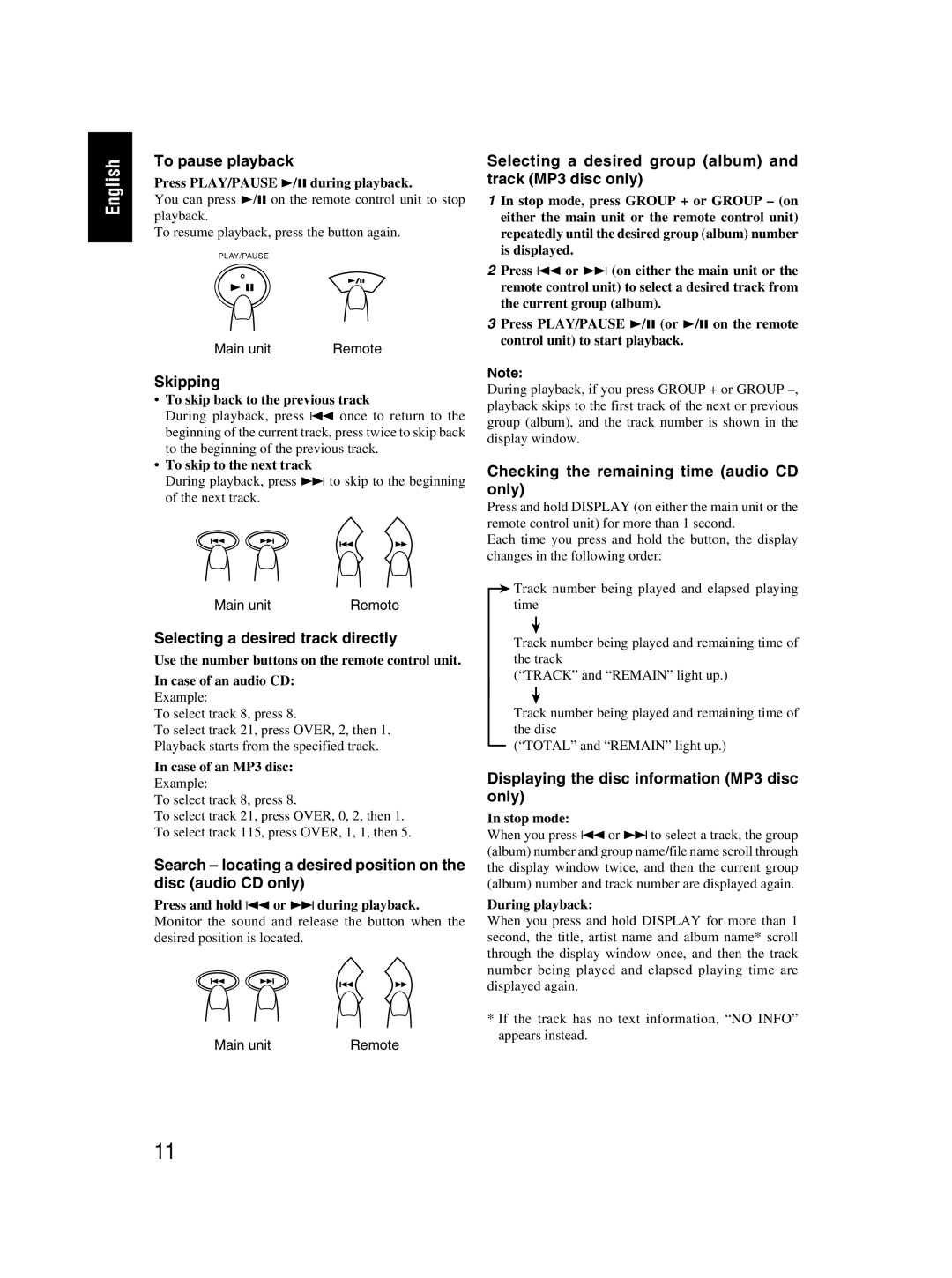 JVC RC-EX30B manual To pause playback 