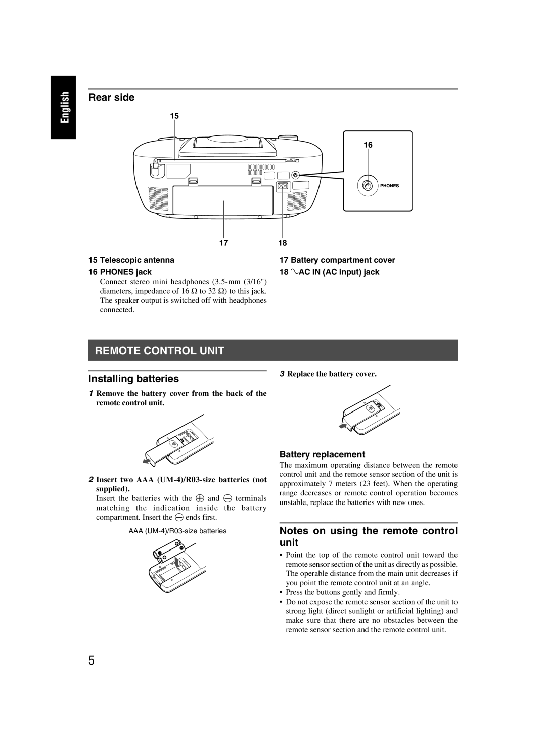 JVC RC-EX30B manual Remote Control Unit, Rear side, Installing batteries, Battery replacement, Replace the battery cover 