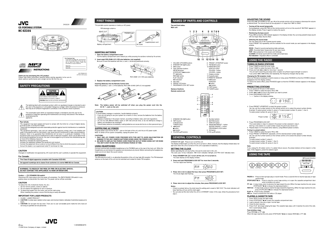 JVC RC-EZ35S user service First Things, Names of Parts and Controls, Using the Radio, Safety Precautions, General Controls 