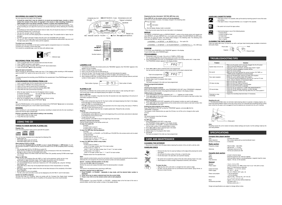 JVC RC-EZ35S user service Using the CD, Care and Maintenance, Troubleshooting Tips, Specifications 