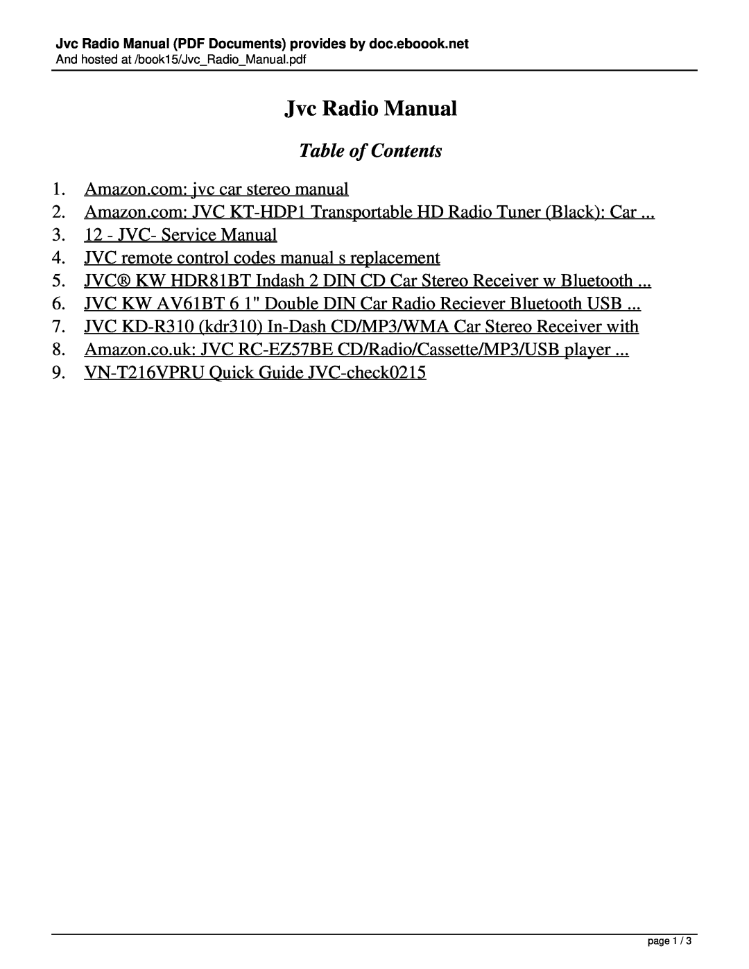 JVC VN-T216VPRU, RC-EZ57BE, KT-HDP1, KW AV61BT, KW HDR81BT, KD-R310 service manual Jvc Radio Manual, Table of Contents 