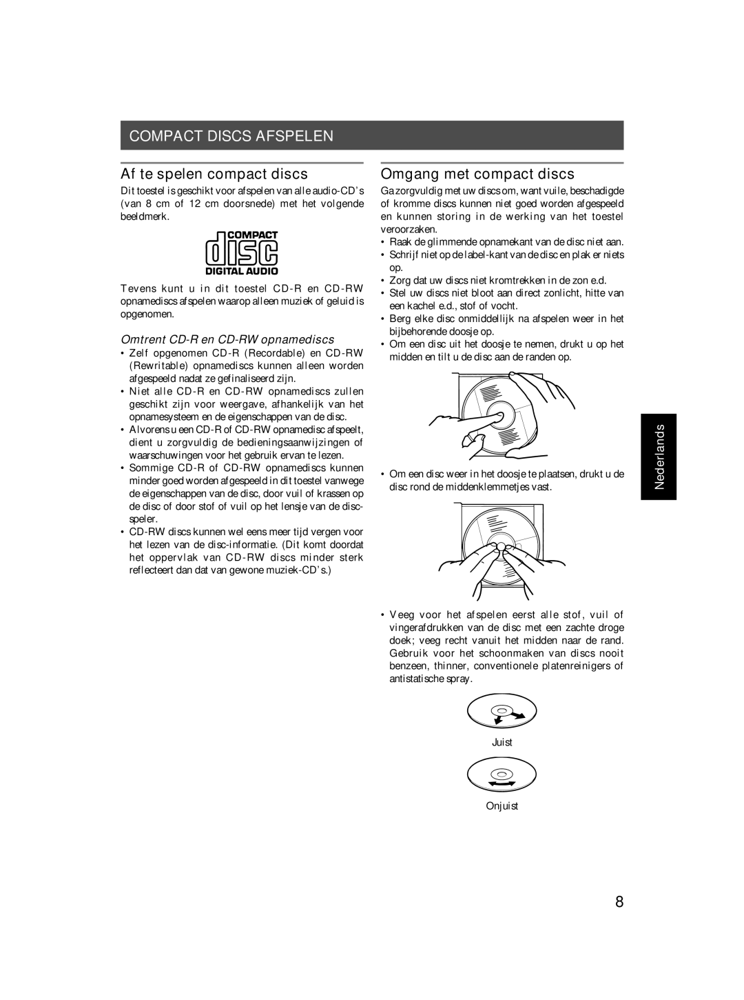 JVC rc-st3sl manual Compact Discs Afspelen, Af te spelen compact discs, Omgang met compact discs 