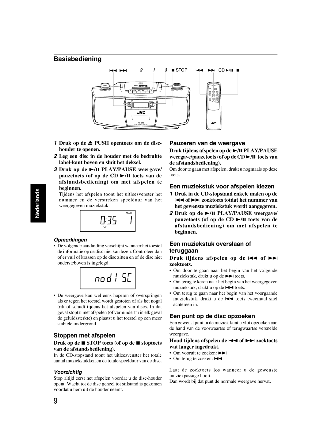 JVC rc-st3sl manual Basisbediening 