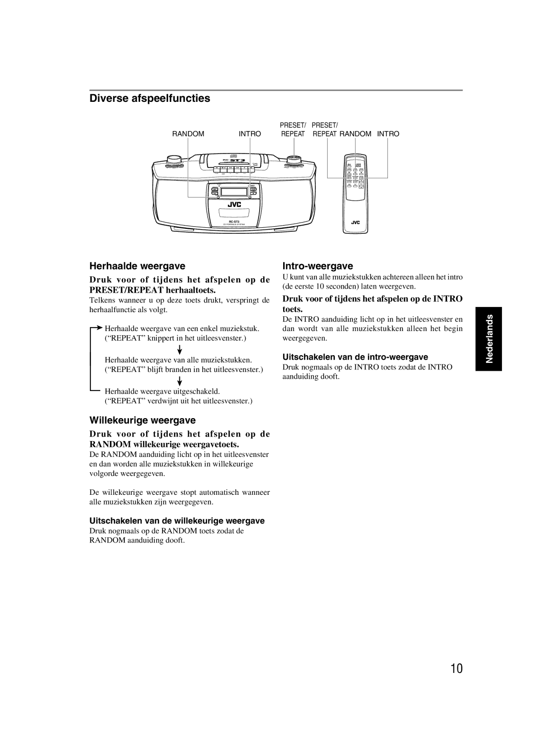 JVC rc-st3sl manual Diverse afspeelfuncties, Herhaalde weergave, Willekeurige weergave, Intro-weergave 