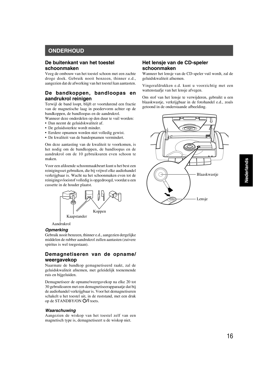 JVC rc-st3sl manual Onderhoud, De buitenkant van het toestel schoonmaken, De bandkoppen, bandloopas en aandrukrol reinigen 