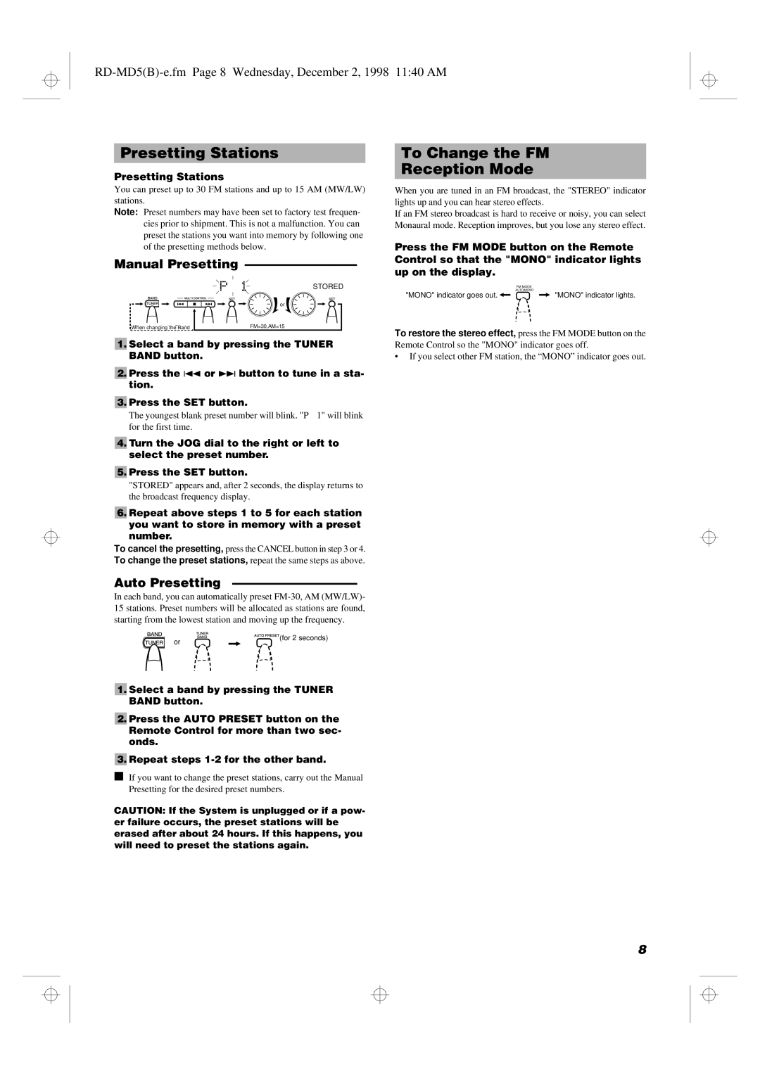 JVC manual Presetting Stations, To Change the FM Reception Mode, RD-MD5B-e.fm Page 8 Wednesday, December 2, 1998 1140 AM 