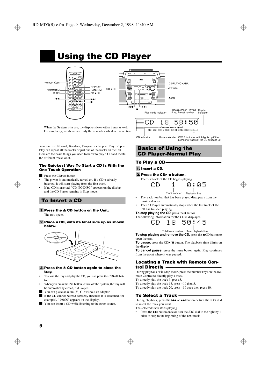 JVC RD-MD5 manual Using the CD Player, To Insert a CD, Basics of Using CD Player-Normal Play 