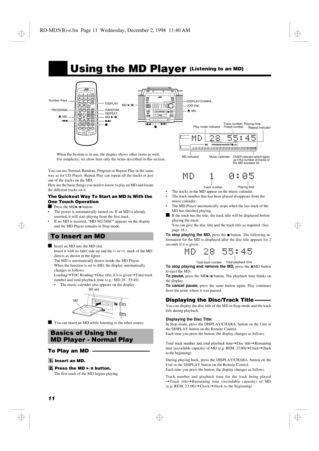 JVC RD-MD5 Using the MD Player Listening to an MD, To Insert an MD, Basics of Using MD Player Normal Play, To Play an MD 