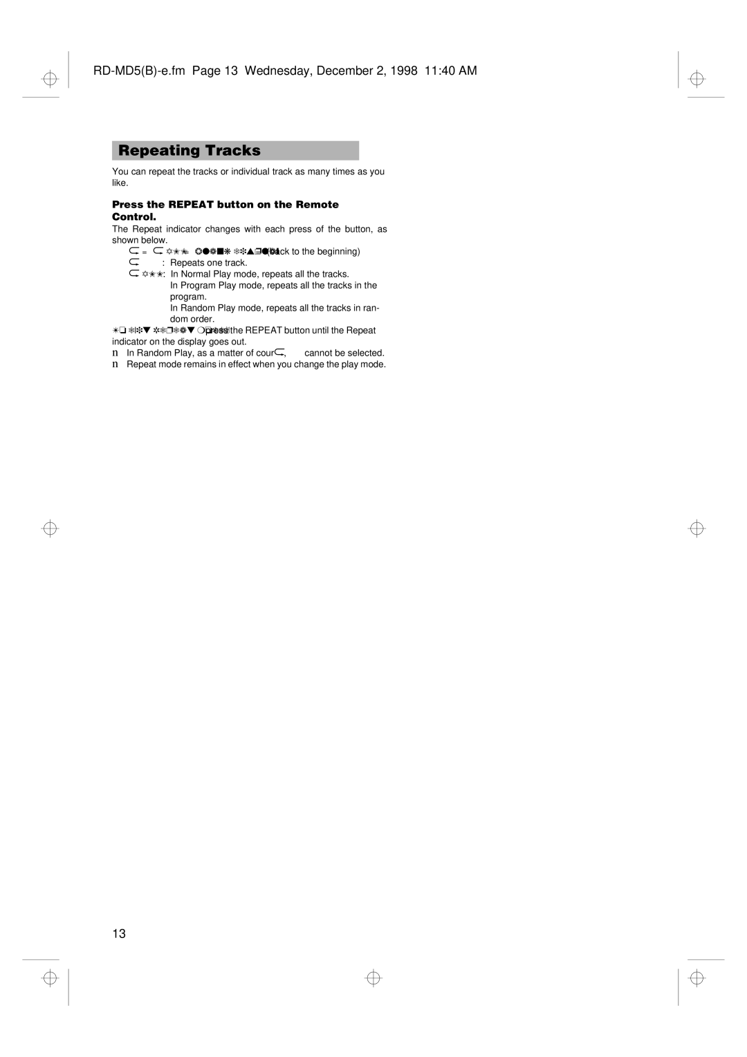 JVC manual RD-MD5B-e.fm Page 13 Wednesday, December 2, 1998 1140 AM, Press the Repeat button on the Remote Control 