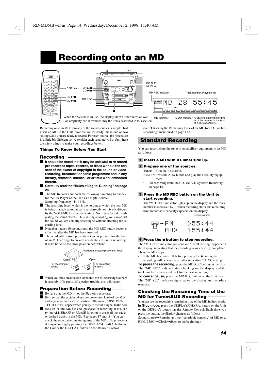 JVC manual Recording onto an MD, Standard Recording, RD-MD5B-e.fm Page 14 Wednesday, December 2, 1998 1140 AM 