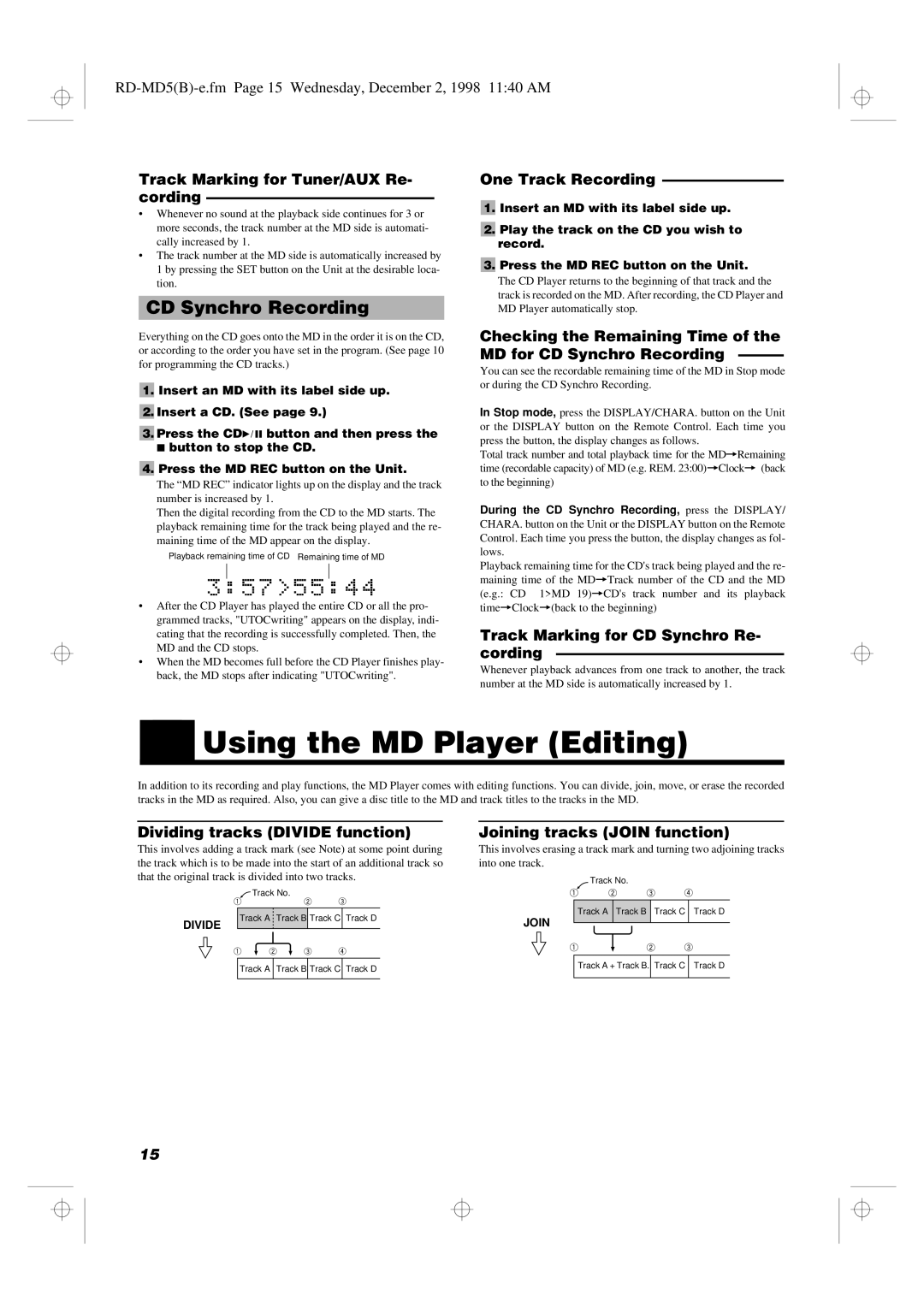 JVC RD-MD5 manual Using the MD Player Editing, CD Synchro Recording 