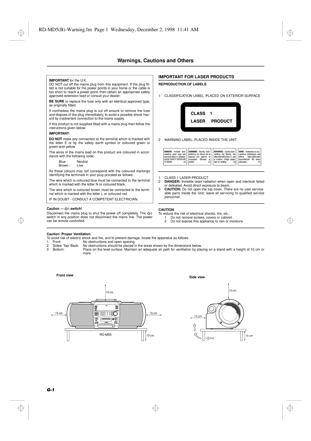 JVC RD-MD5 manual Important for Laser Products 