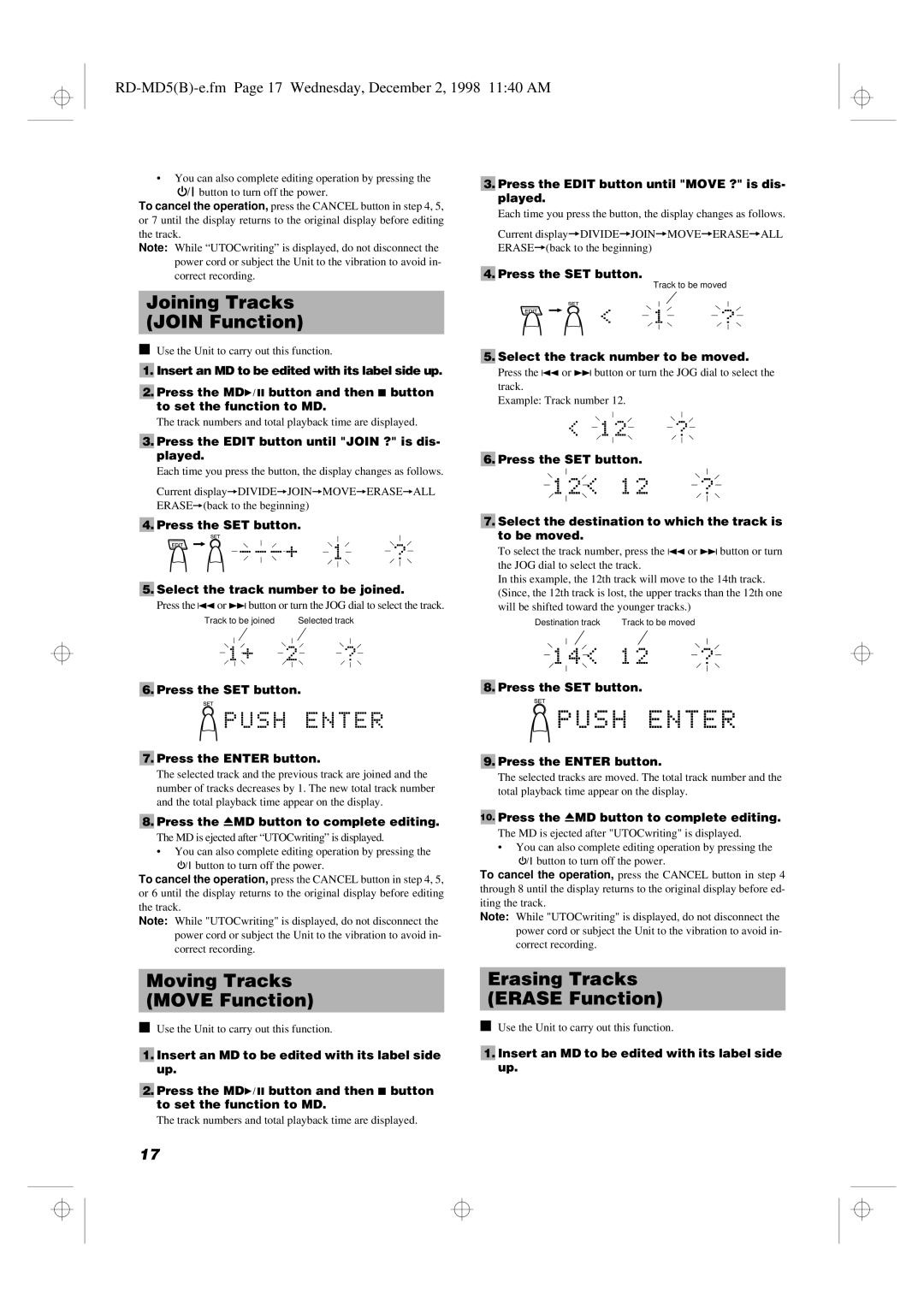 JVC RD-MD5 manual Joining Tracks Join Function, Moving Tracks Move Function, Erasing Tracks Erase Function 