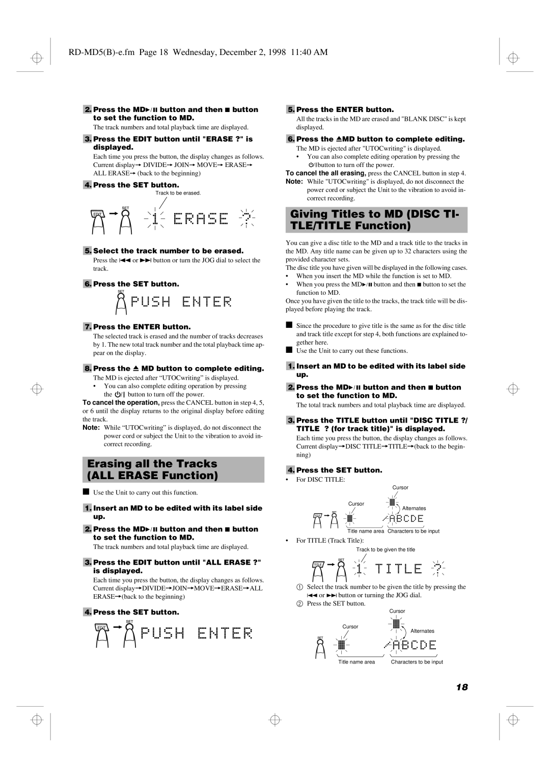 JVC RD-MD5 manual Erasing all the Tracks ALL Erase Function, Giving Titles to MD Disc TI- TLE/TITLE Function 