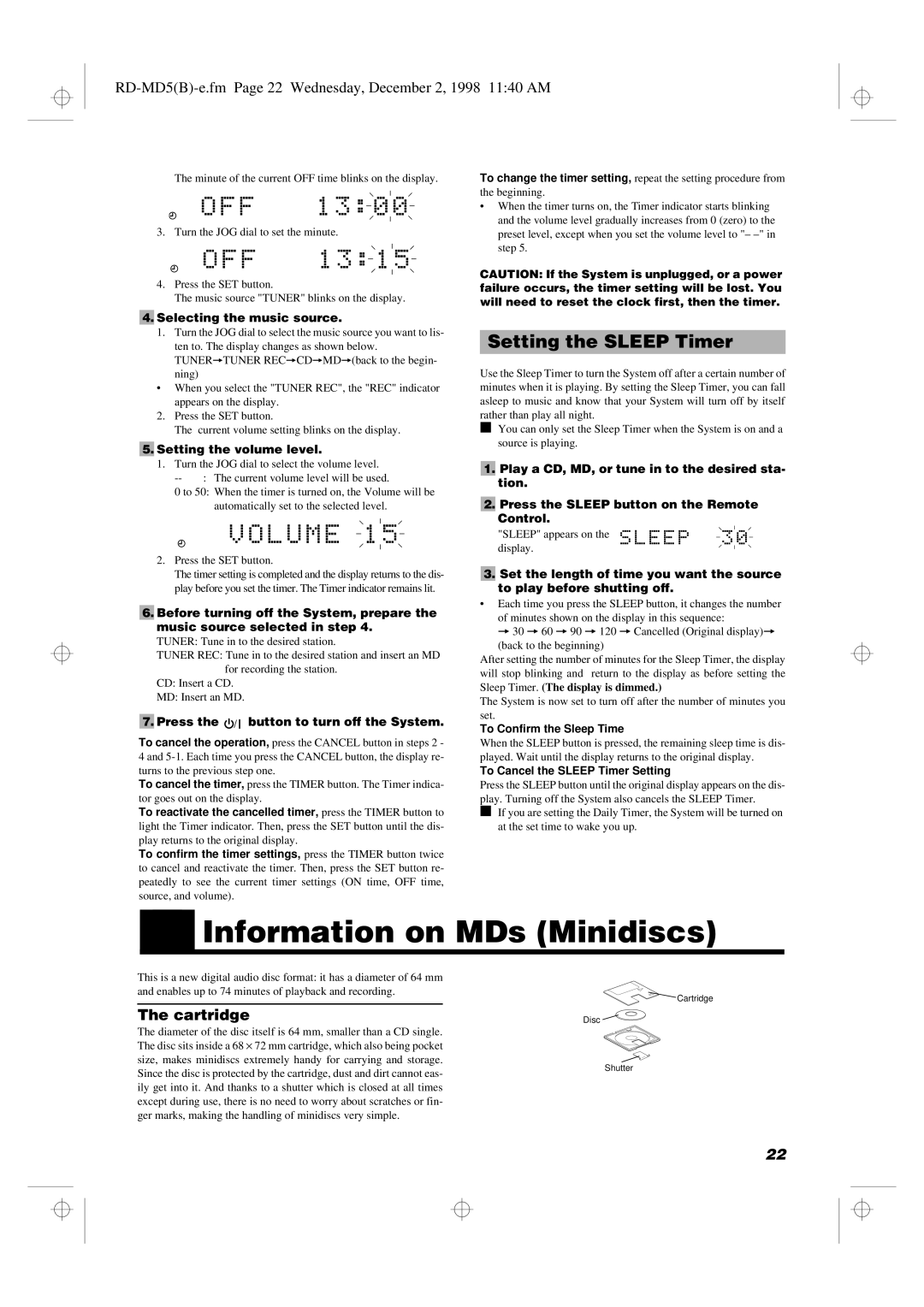 JVC Information on MDs Minidiscs, Setting the Sleep Timer, RD-MD5B-e.fm Page 22 Wednesday, December 2, 1998 1140 AM 