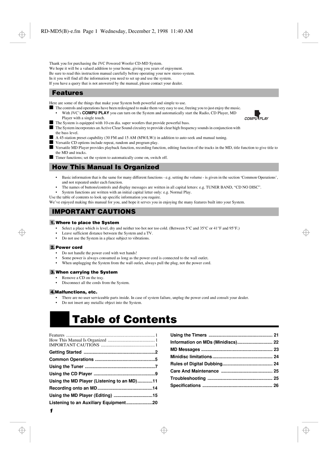 JVC RD-MD5 manual Table of Contents 