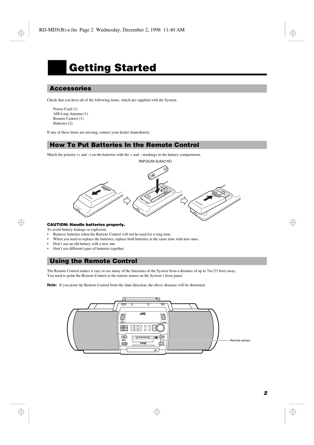 JVC RD-MD5 manual Getting Started, Accessories, How To Put Batteries In the Remote Control, Using the Remote Control 