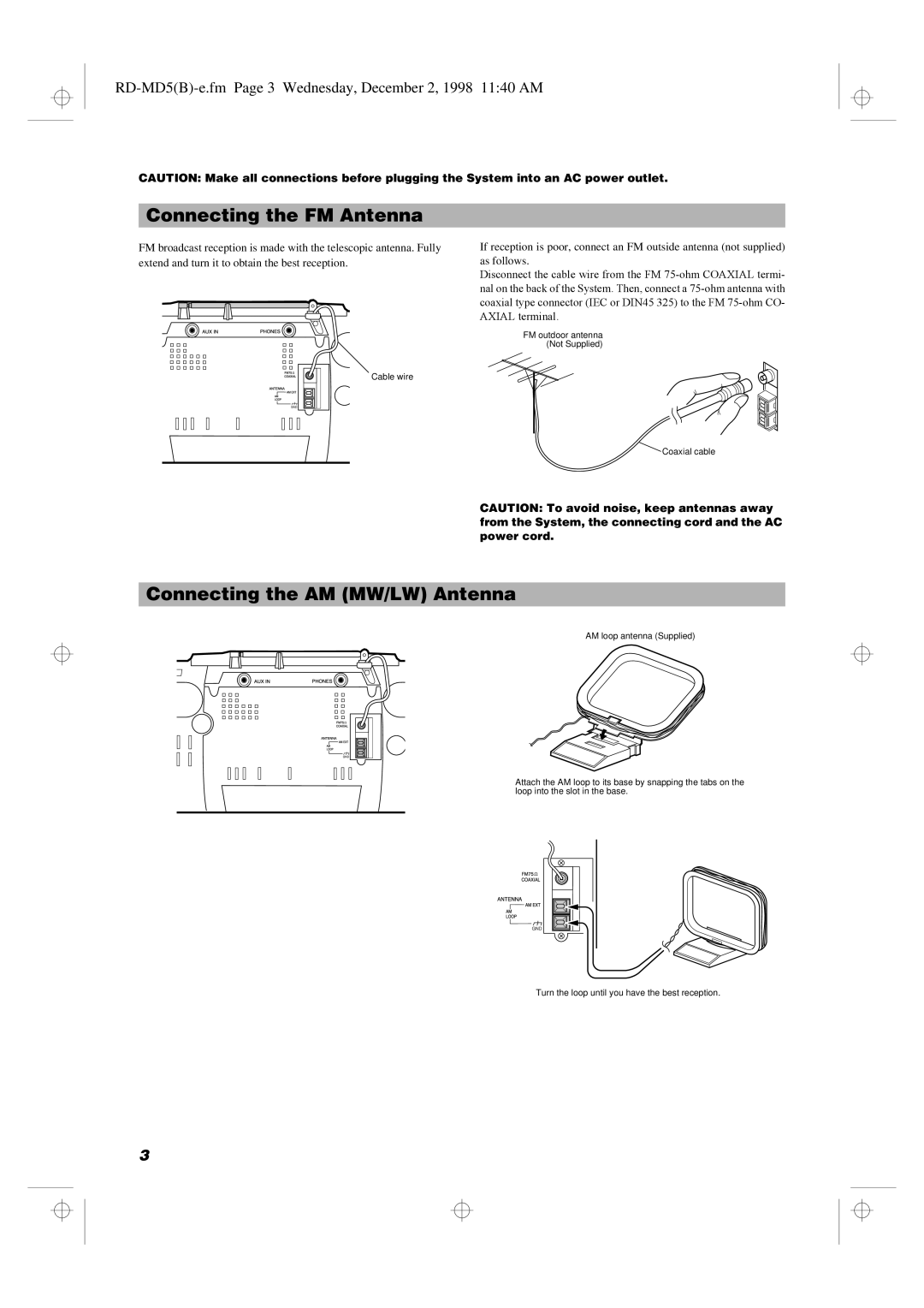 JVC RD-MD5 manual Connecting the FM Antenna, Connecting the AM MW/LW Antenna 