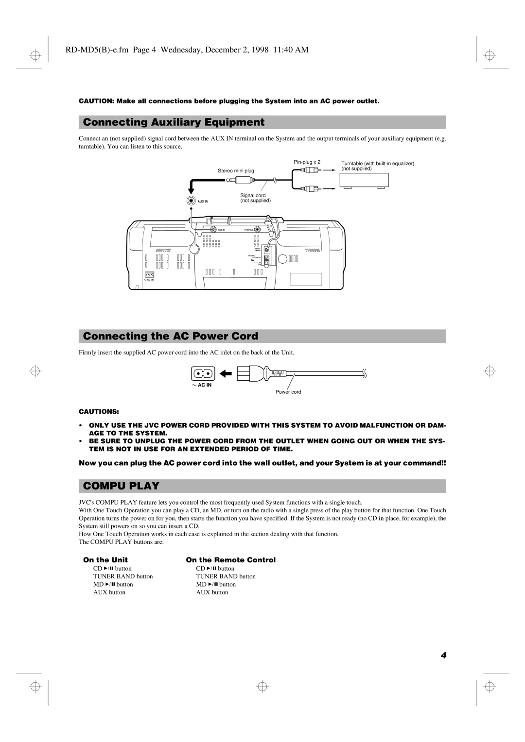 JVC RD-MD5 manual Connecting Auxiliary Equipment, Connecting the AC Power Cord, On the Unit On the Remote Control 