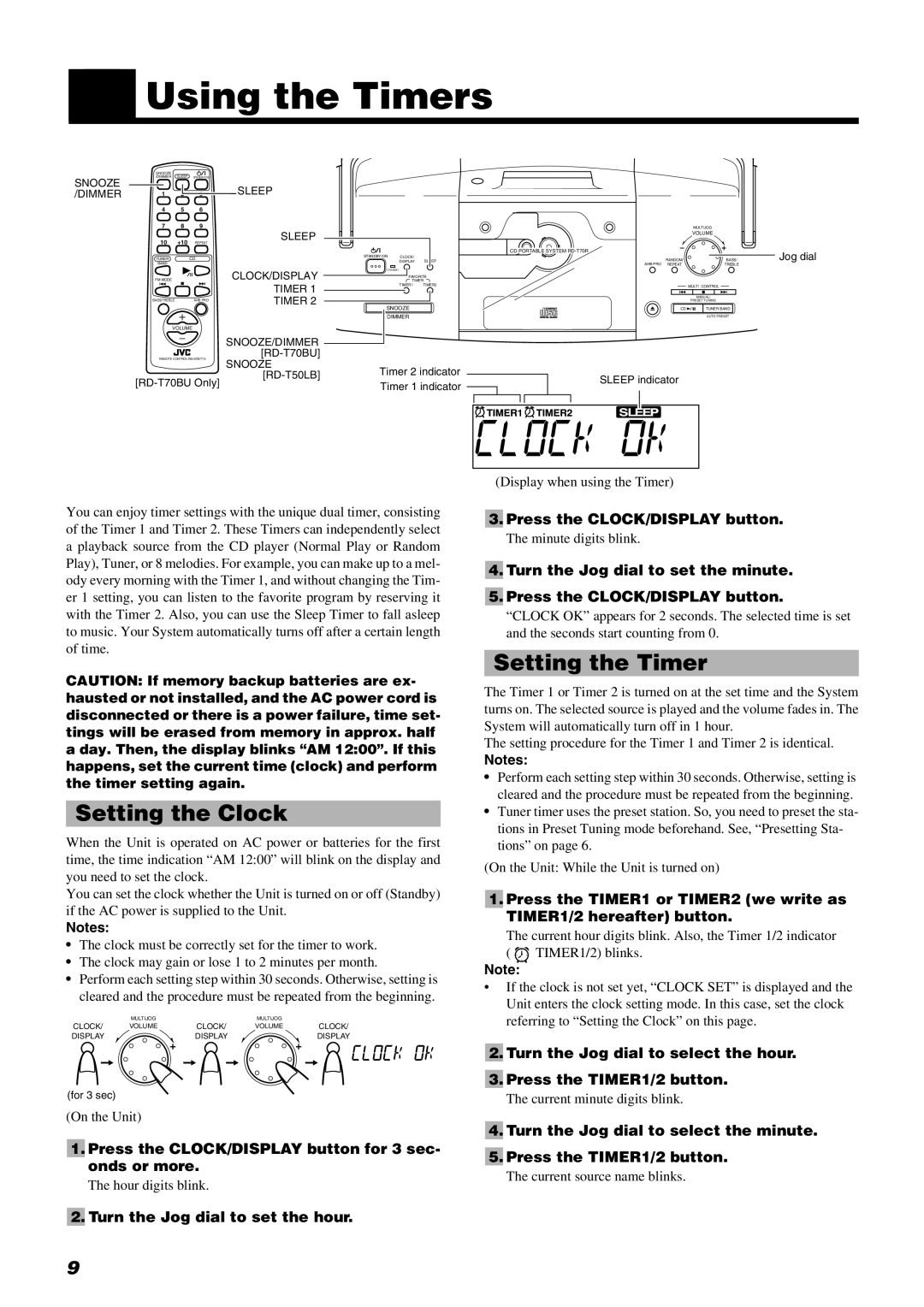 JVC RD-T70BU, RD-T50LB manual Using the Timers, Setting the Clock, Setting the Timer 