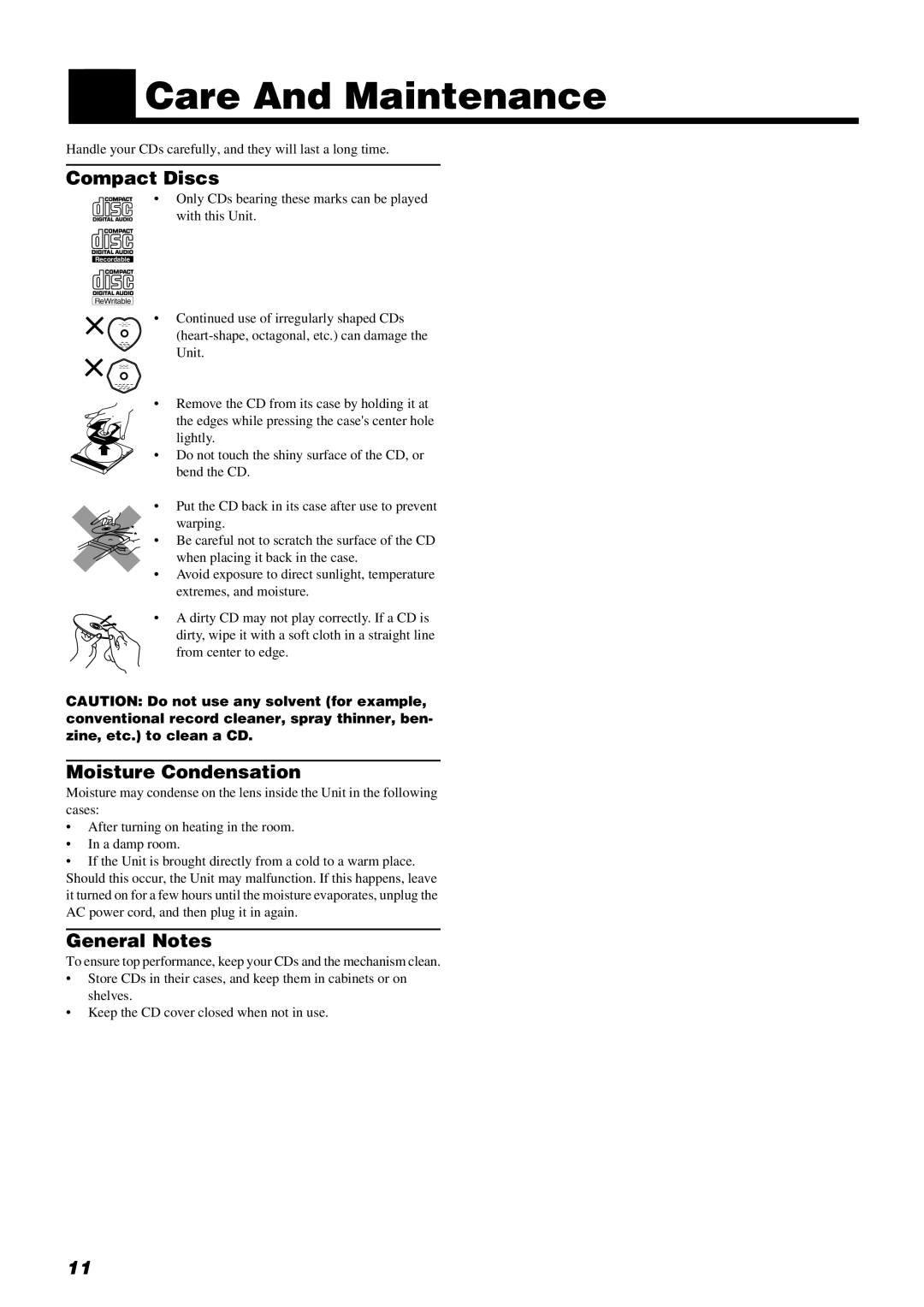 JVC RD-T70BU, RD-T50LB manual Care And Maintenance, Compact Discs, Moisture Condensation, General Notes 