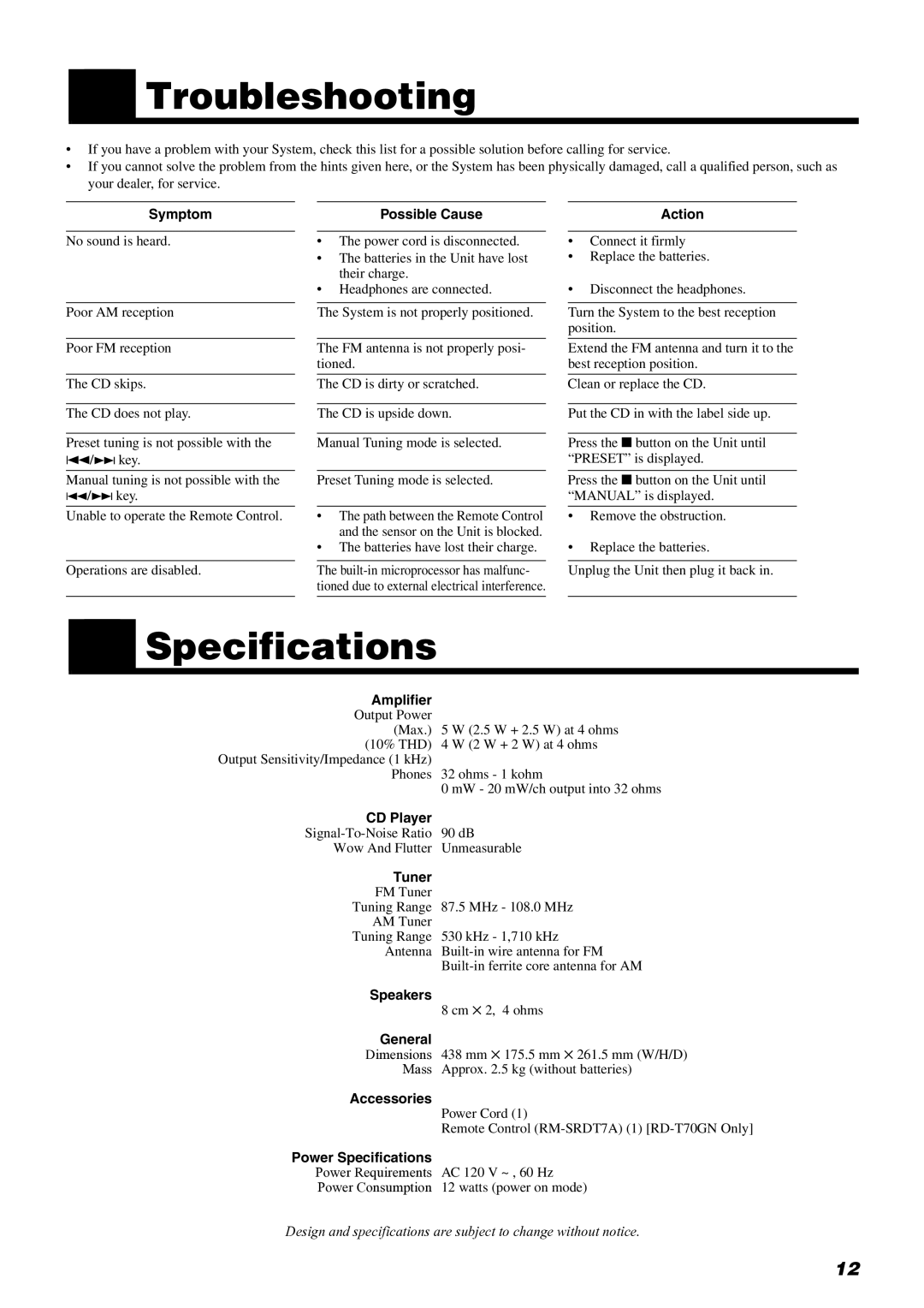 JVC RD-T50LB, RD-T70BU manual Troubleshooting, Specifications 