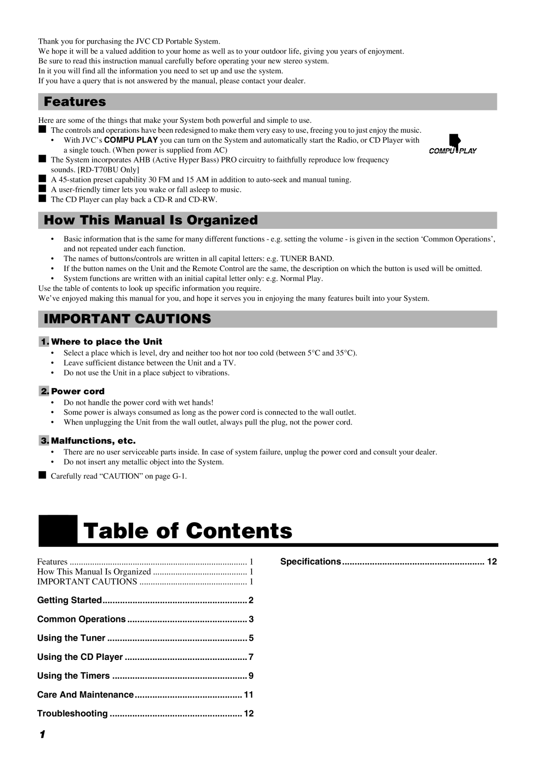 JVC RD-T70BU, RD-T50LB manual Table of Contents 