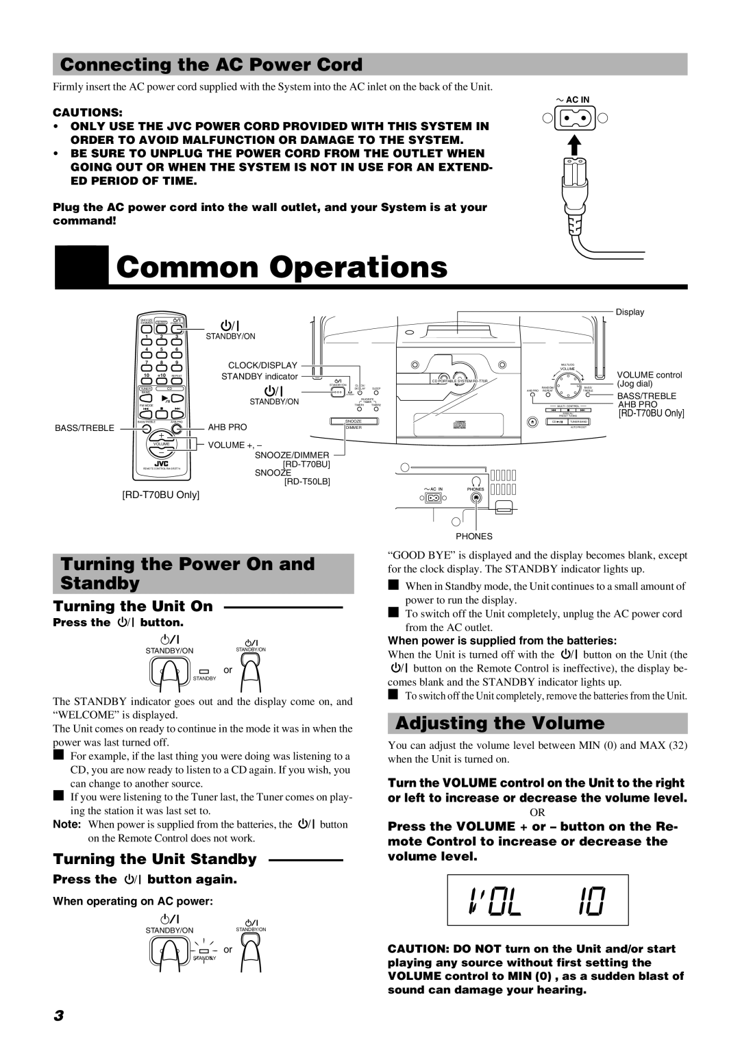 JVC RD-T70BU manual Common Operations, Connecting the AC Power Cord, Turning the Power On and Standby, Adjusting the Volume 